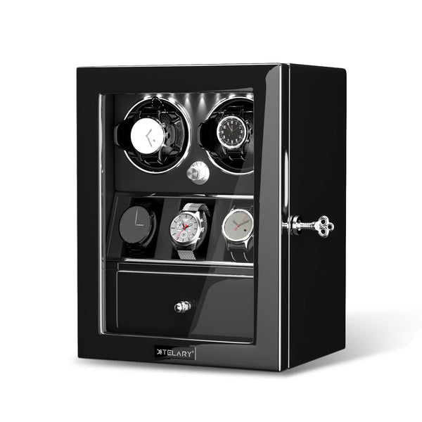 Compact 2 Watch Winders with 3 Watches Organizer Storage- Black