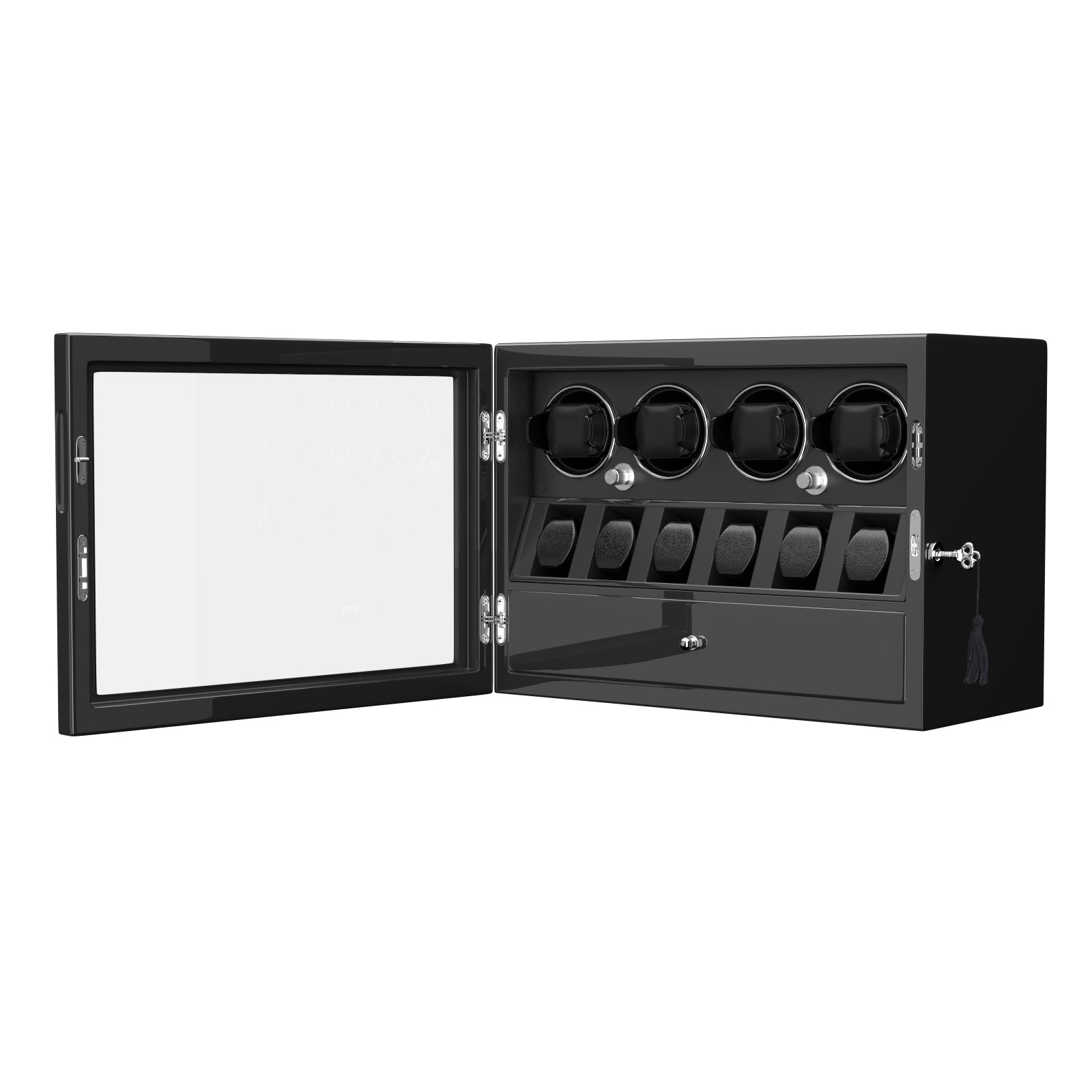 Compact 4 Watch Winders for Automatic Watches with 6 Watches Organizer Display Case - Black
