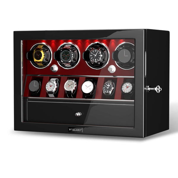 Compact 4 Watch Winders Automatic Rotation with 6 Watches Storage Space - Red