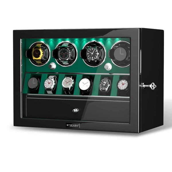 Compact 4 Watch Winders for Automatic Watches with 6 Storage Space Quiet Mabuchi Motor- Green