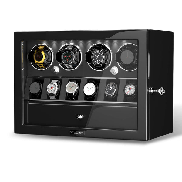 Compact 4 Watch Winders for Automatic Watches with 6 Watches Organizer Display Case - Black