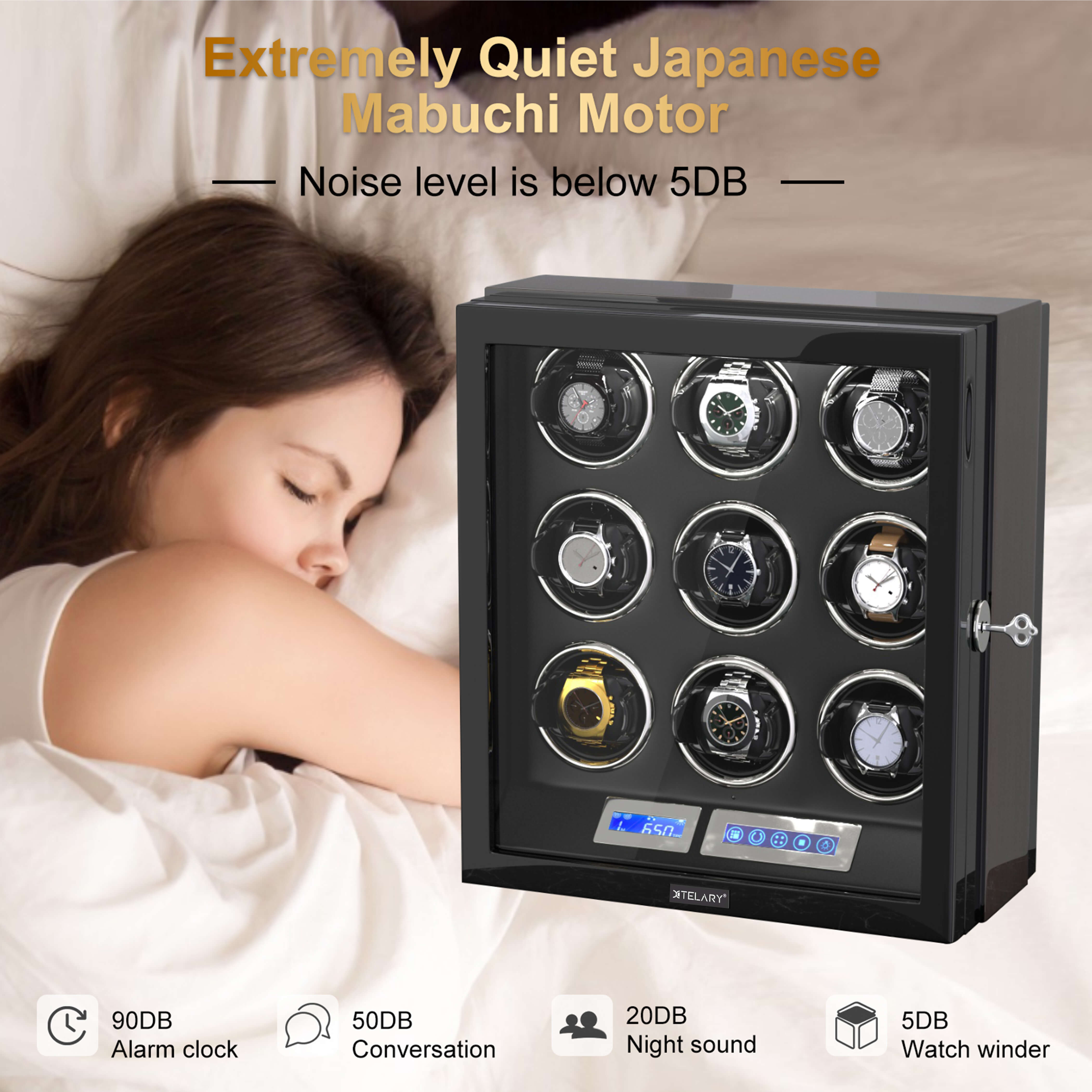 9 Watch Winder for Automatic Watches LCD Touchscreen Remote Control Quiet Mabuchi Motors