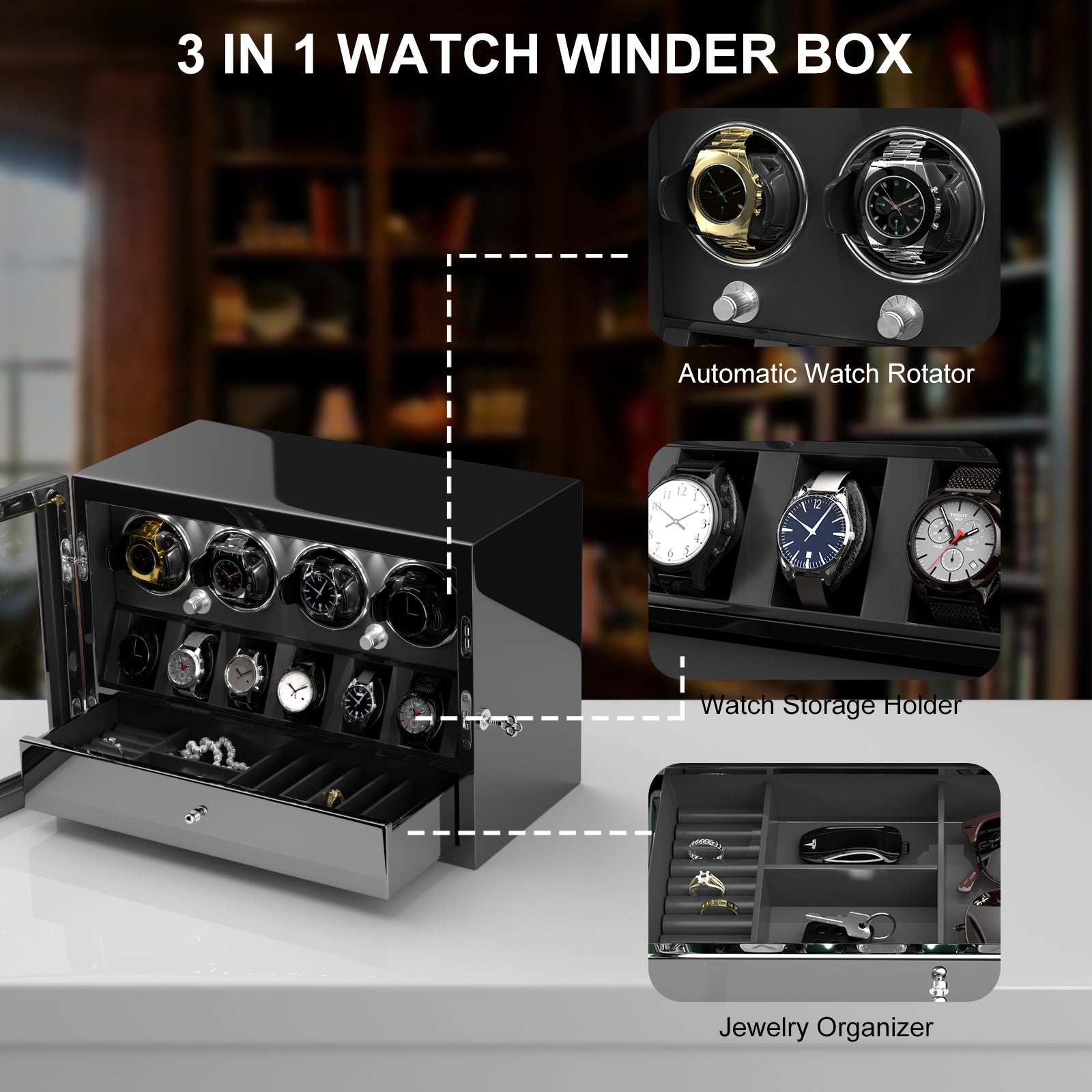 Compact 4 Watch Winders for Automatic Watches with 6 Watches