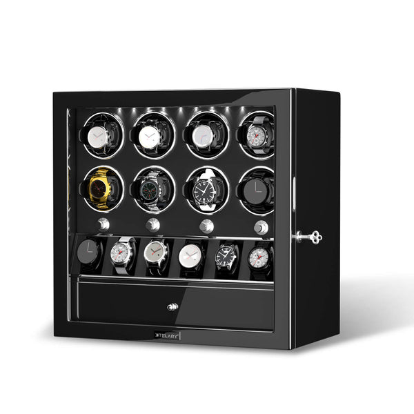 Compact 8 Watch Winders with 6 Watches Organizer Display Case- Black