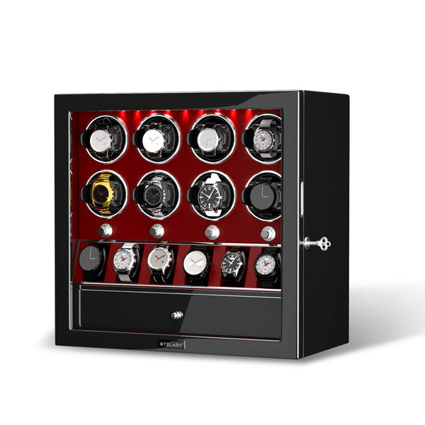 Compact 8 Watch Winders with 6 Watches Organizer Case Automatic Rotation - Red