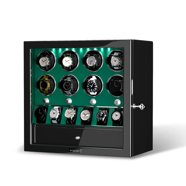 Compact 8 Watch Winders with 6 Watches Organizer Storage Large Space Case - Green