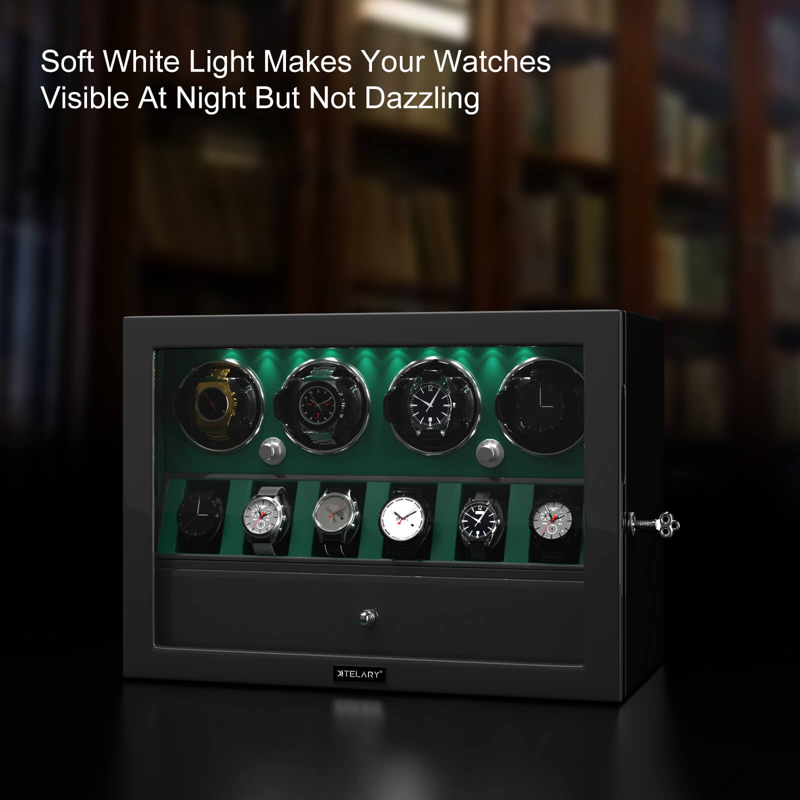 Compact 4 Watch Winders for Automatic Watches with 6 Storage Space Quiet Mabuchi Motor- Green