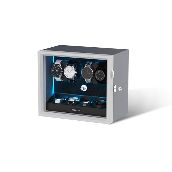 4 Watch Winders for Automatic Watches with 4 Extra Storage Aurora Blue LED Light - Silken Grey