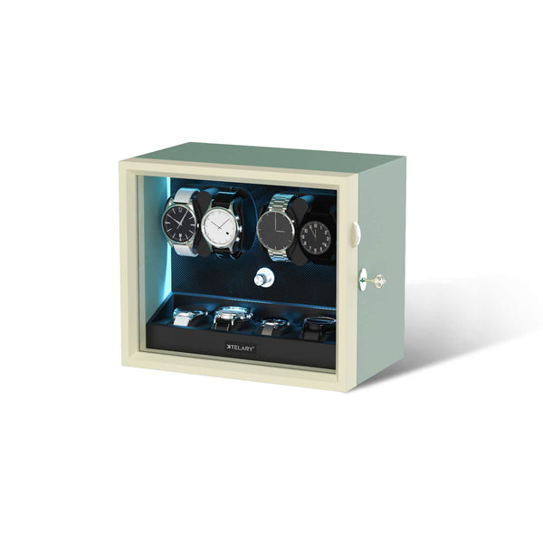 4 Watch Winders for Automatic Watches with 4 Extra Storage Aurora Blue LED Light - Silken Green
