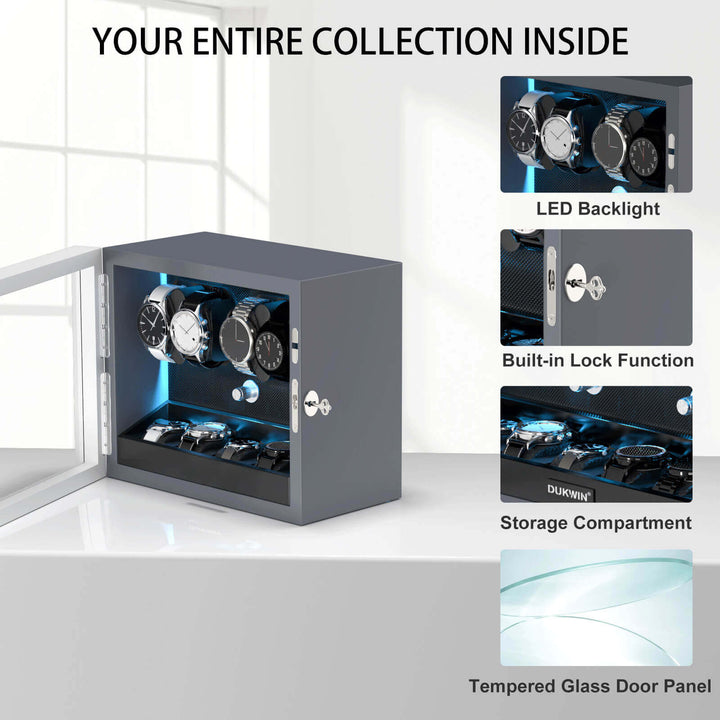 Remontoirs de montres de grande capacité avec espace de rangement supplémentaire, lumière LED bleue Aurora