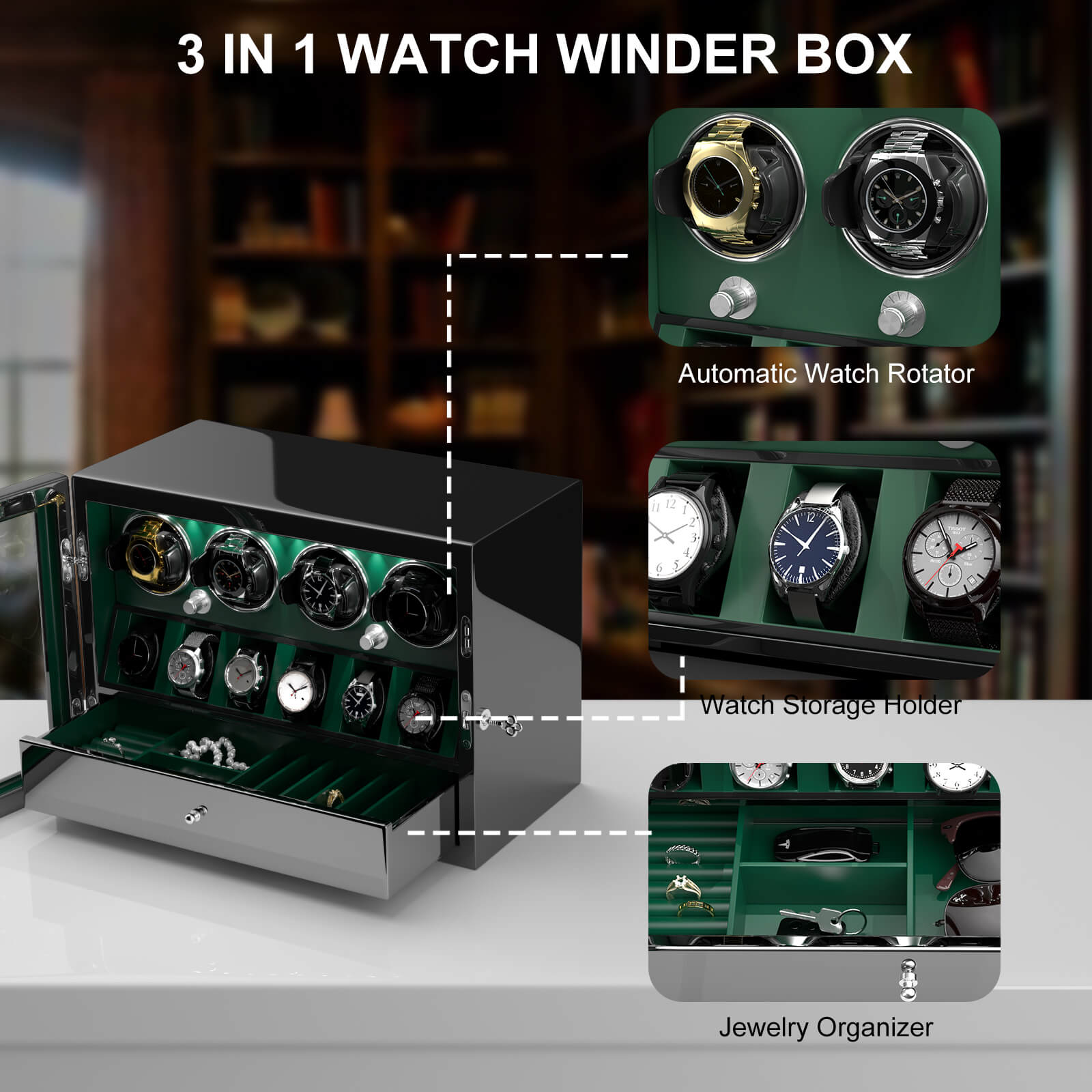 Compact 4 Watch Winders for Automatic Watches with 6 Storage Space Quiet Mabuchi Motor- Green