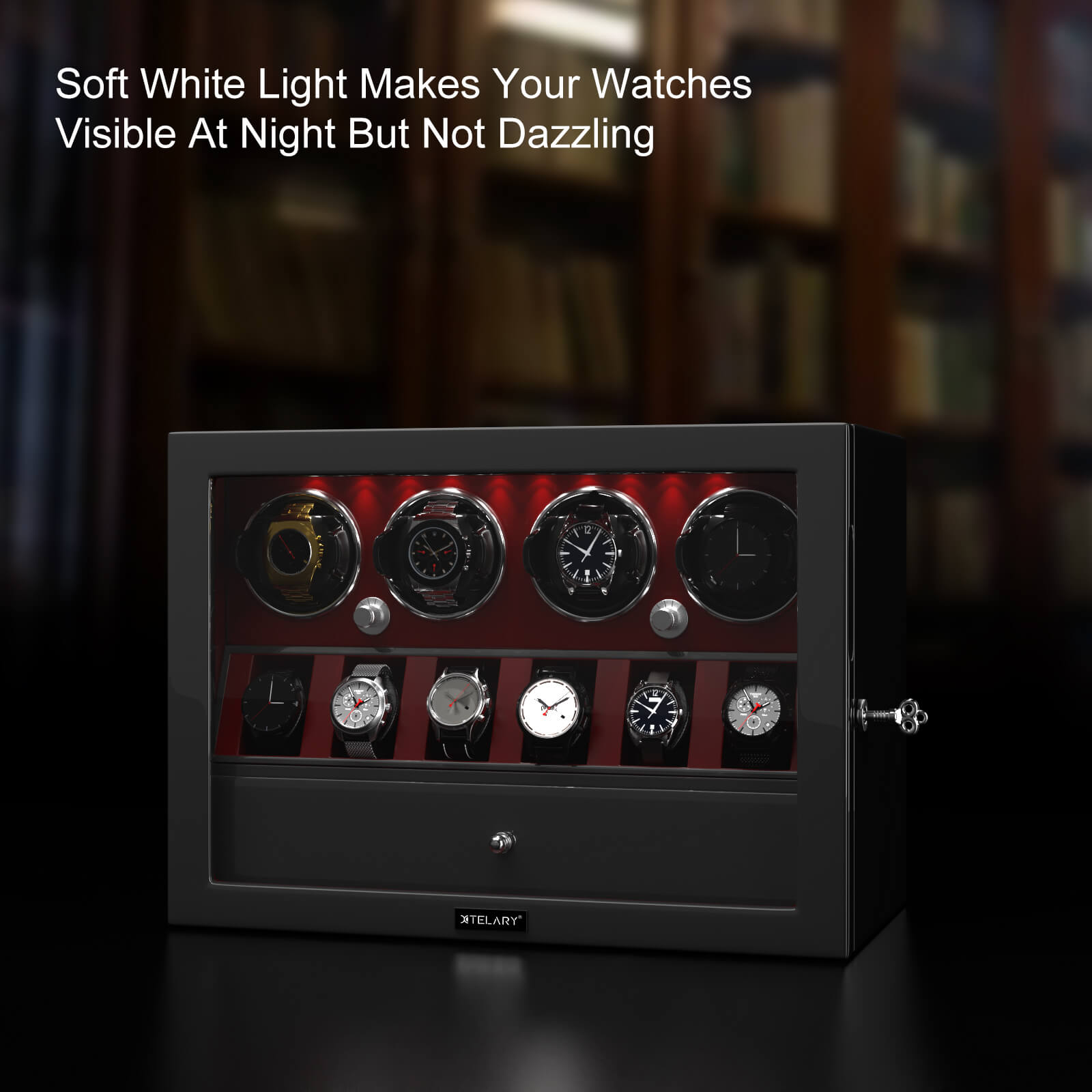 Kompakter Uhrenbeweger für 4 Uhren mit automatischer Drehung und Stauraum für 6 Uhren – Rot