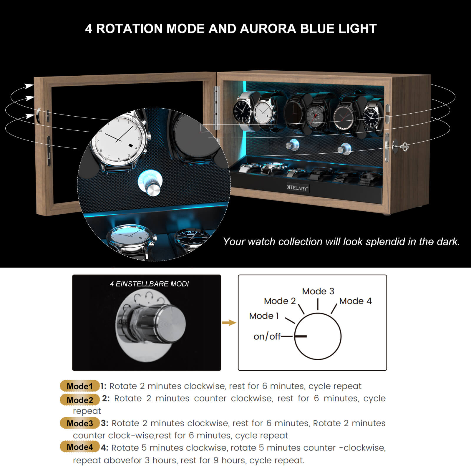6 Uhrenbeweger für Automatikuhren mit 6 zusätzlichen Staufächern, Aurora-Blau-LED-Licht – Maserung
