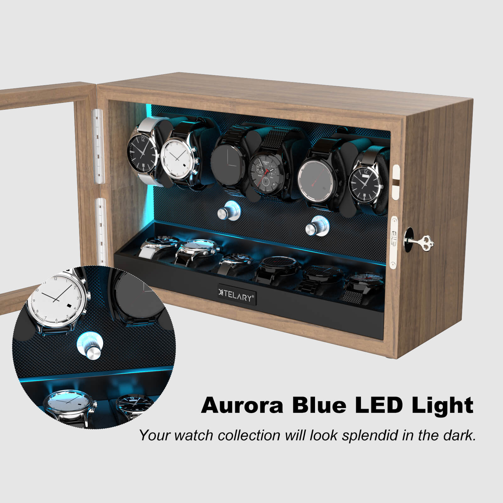 6 Remontoirs de Montres pour Montres Automatiques avec 6 Rangements Supplémentaires Lumière LED Bleue Aurora - Grain
