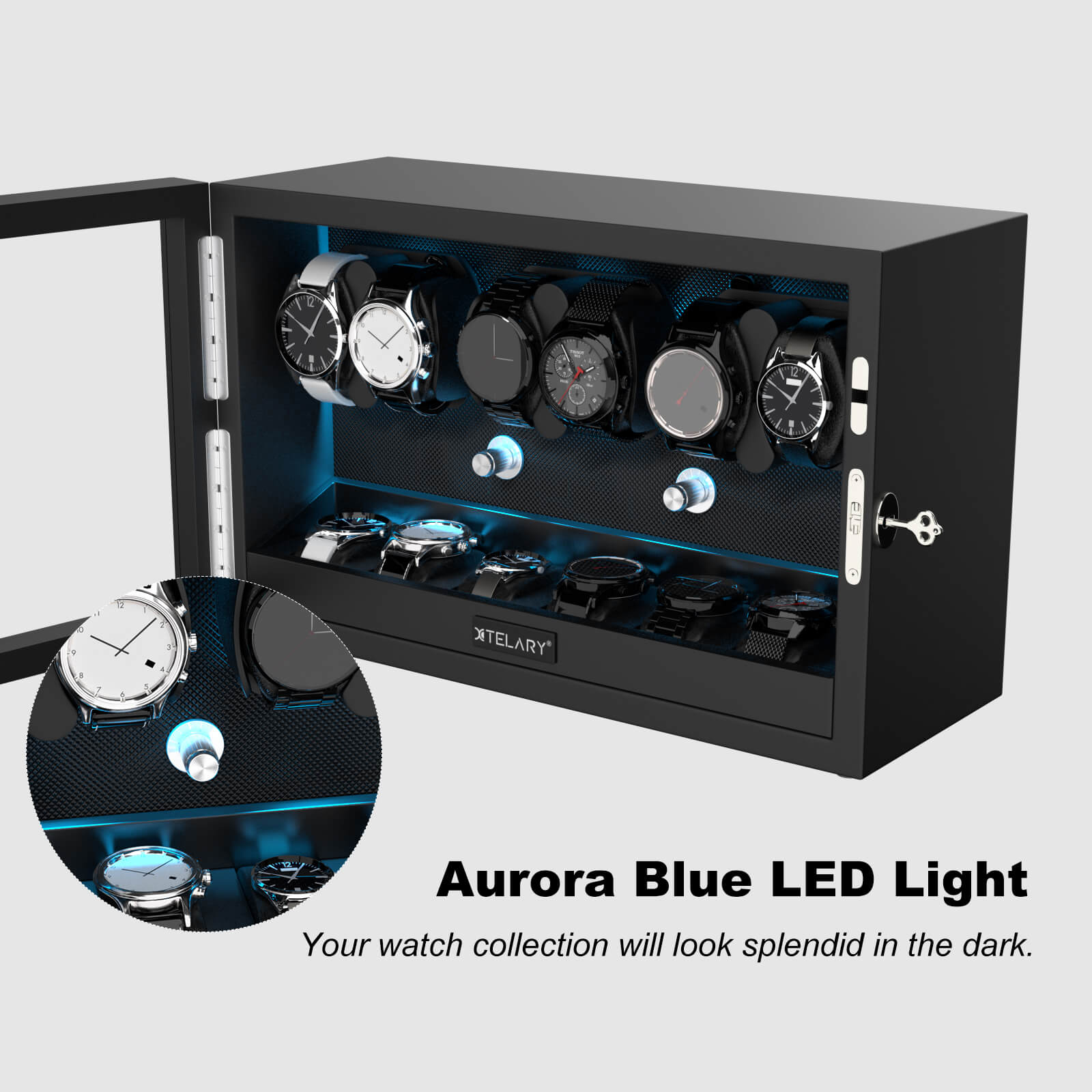 6 Uhrenbeweger für Automatikuhren mit 6 zusätzlichen Staufächern, Aurora Blue LED-Licht – Schwarz