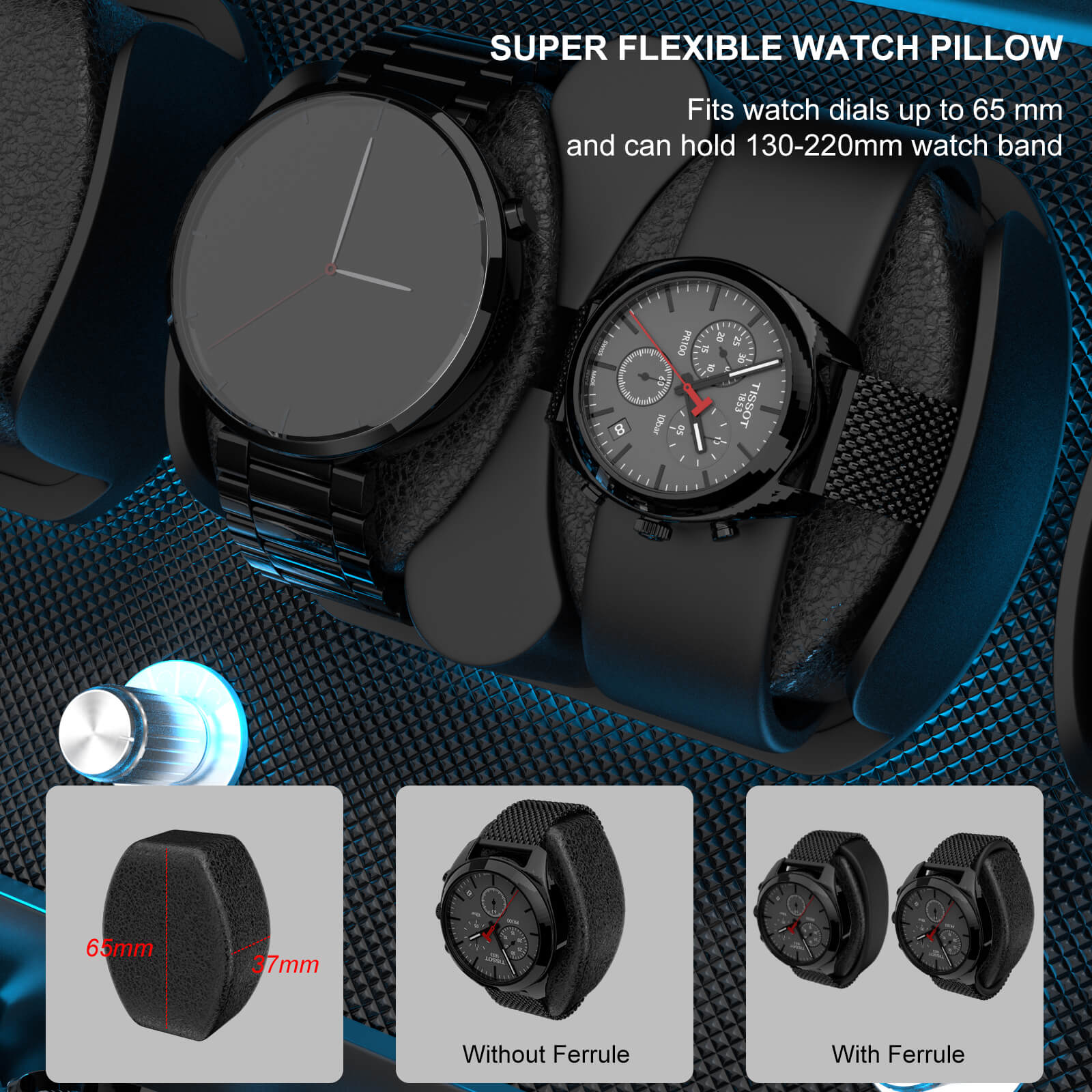 6 Watch Winders for Automatic Watches with 6 Extra Storage Aurora Blue LED Light - Black