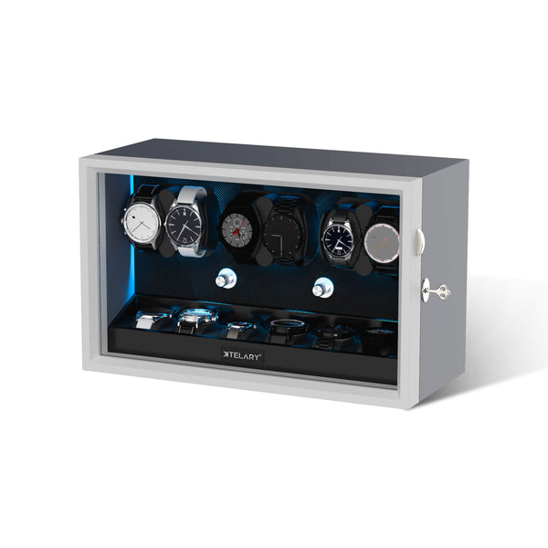 6 Watch Winders for Automatic Watches with 6 Extra Storage Aurora Blue LED Light - Silken Grey