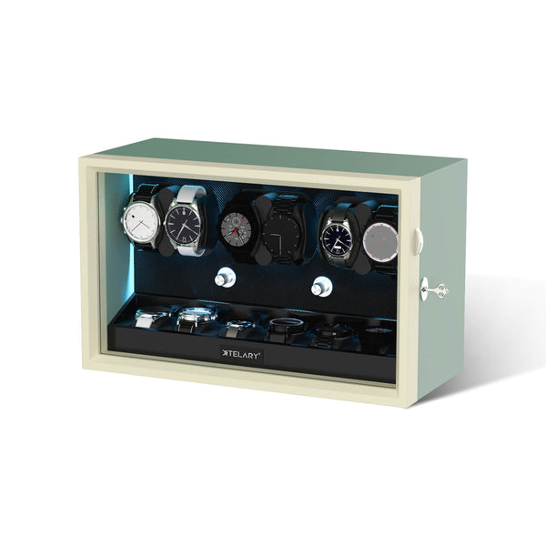 6 Watch Winders for Automatic Watches with 6 Extra Storage Aurora Blue LED Light - Silken Green