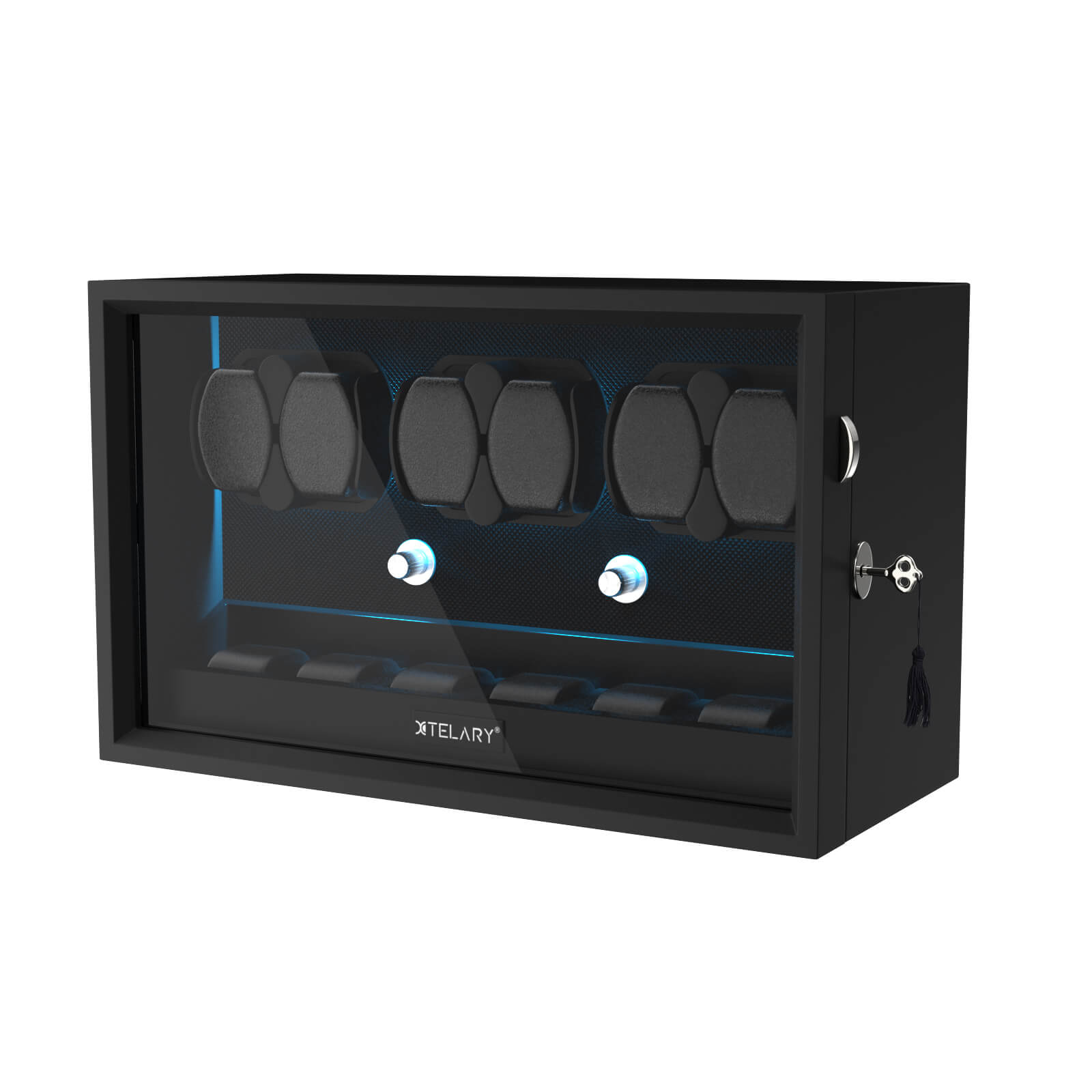 6 Uhrenbeweger für Automatikuhren mit 6 zusätzlichen Staufächern, Aurora Blue LED-Licht – Schwarz