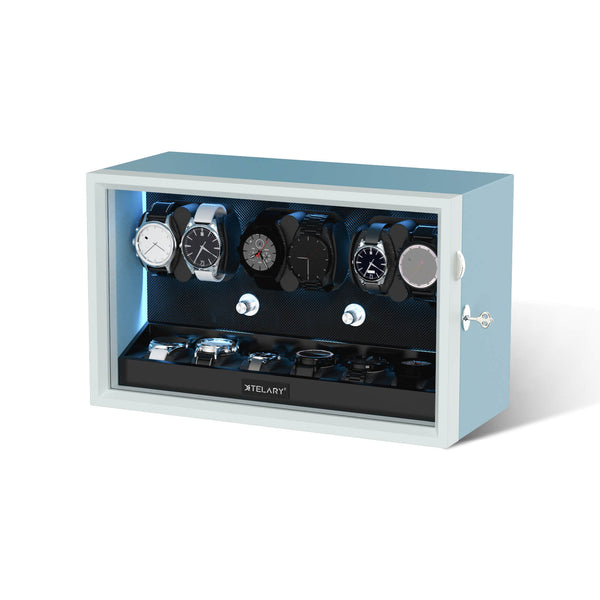 6 Watch Winders for Automatic Watches with 6 Extra Storage Aurora Blue LED Light - Silken Blue