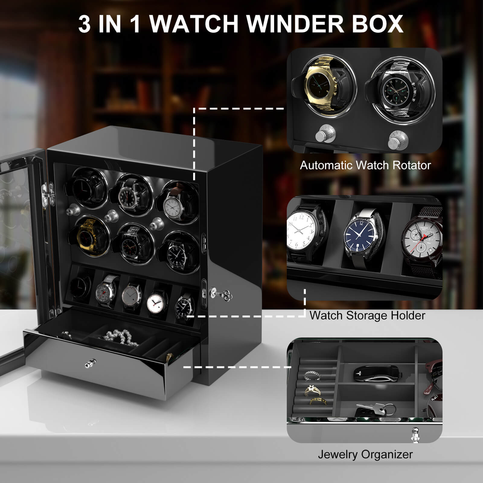 Compact 6 Watch Winders with 5 Watches Organizer Storage Space Quiet Mabuchi Motor - Black