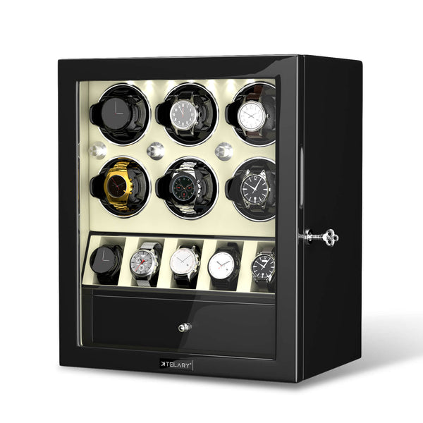 Compact 6 Watch Winders with 5 Extra Watches Storage Space Case Quiet Motor- Off White