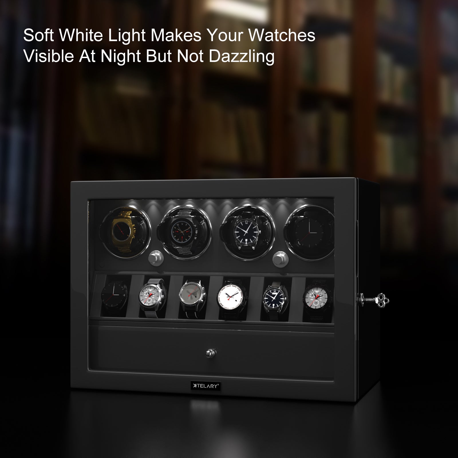 Remontoirs de montres compacts pour 4 montres automatiques avec vitrine d'organisation de 6 montres - Noir