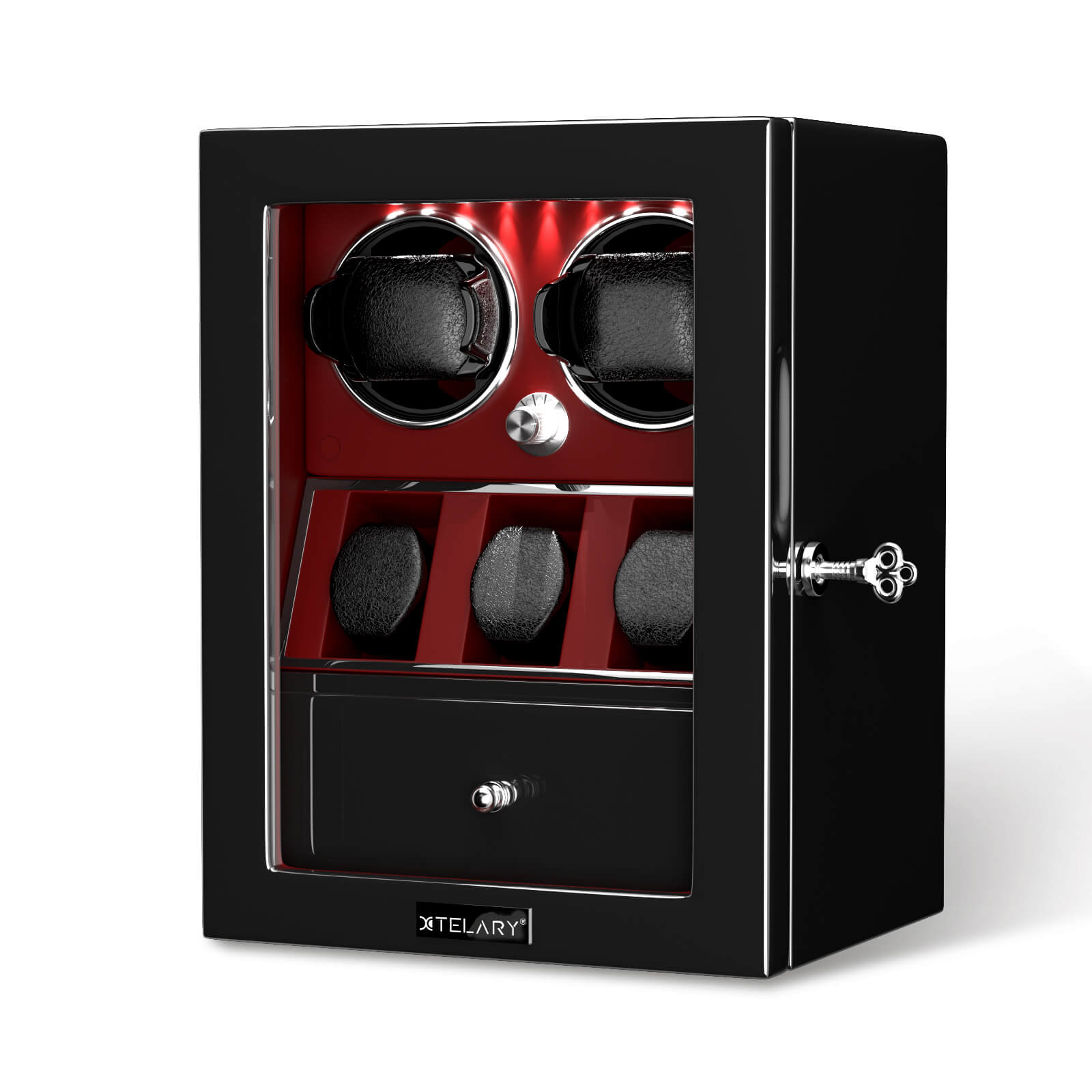 Kompakter Uhrenbeweger für 2 Uhren mit 3 zusätzlichen Aufbewahrungsboxen – Rot