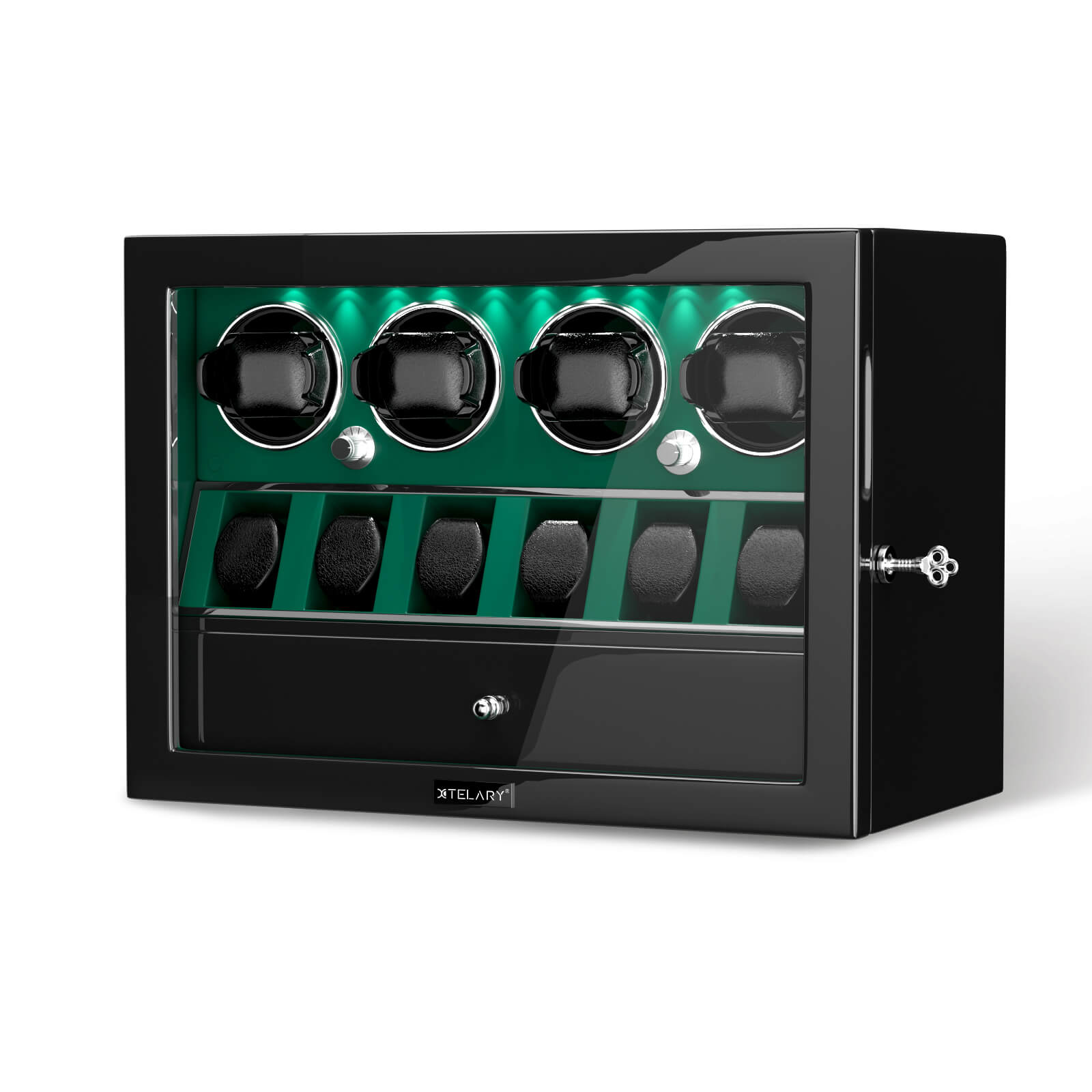 Kompakter 4-Uhrenbeweger für Automatikuhren mit 6 Stauräumen, leisem Mabuchi-Motor – Grün