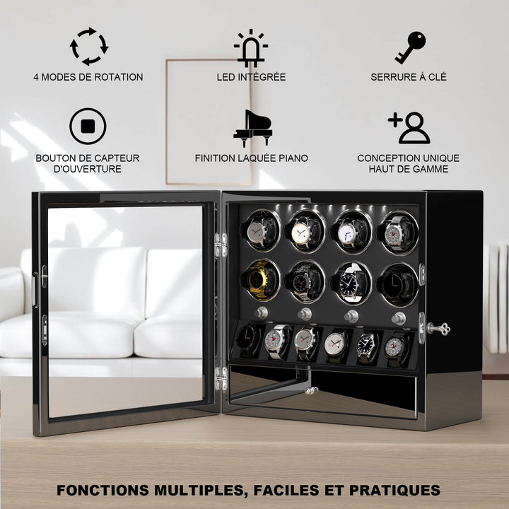 Remontoirs de montres compacts pour 8 montres avec vitrine d'organisation de 6 montres - Noir