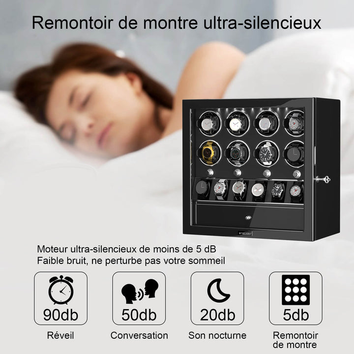 Remontoirs de montres compacts pour 8 montres avec vitrine d'organisation de 6 montres - Noir