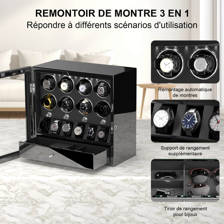 Remontoirs de montres compacts pour 8 montres avec vitrine d'organisation de 6 montres - Noir