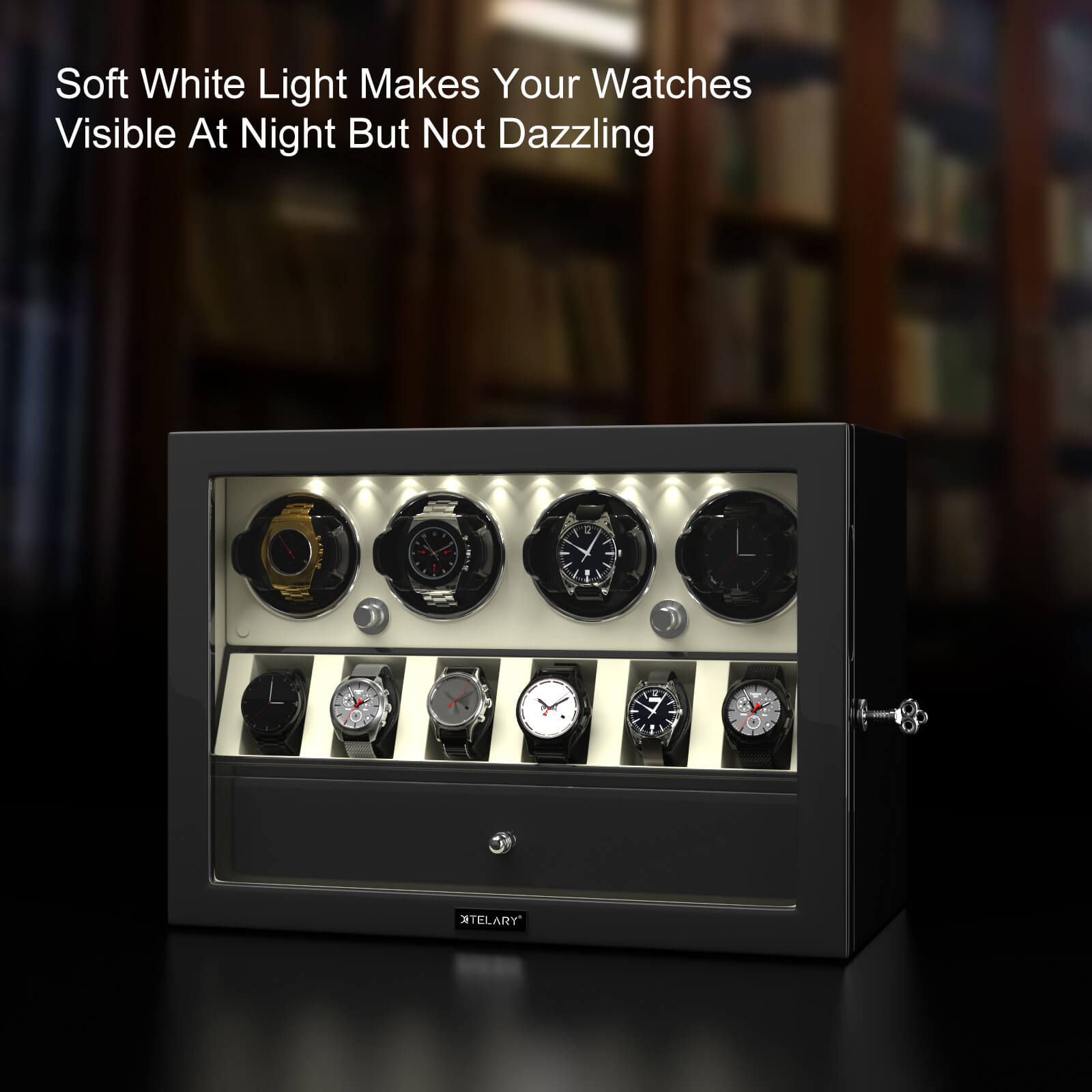 Compact 4 Watch Winders with 6 Watches Storage Built-in Illumination - White