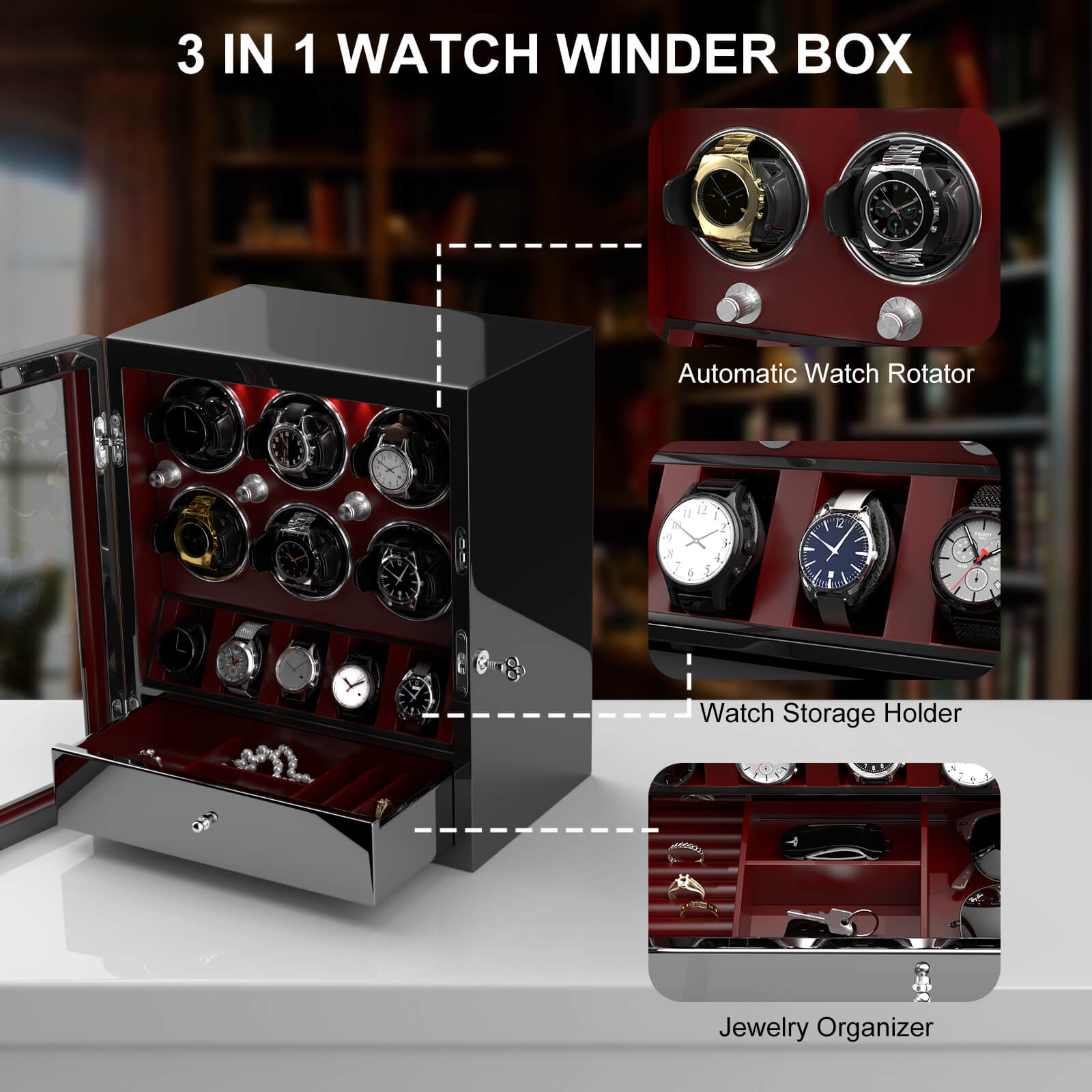 Compact 6 Watch Winders with 5 Watches Large Storage Space  - Red