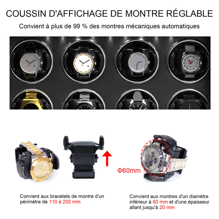 Remontoirs de montres compacts pour 8 montres avec vitrine d'organisation de 6 montres - Noir