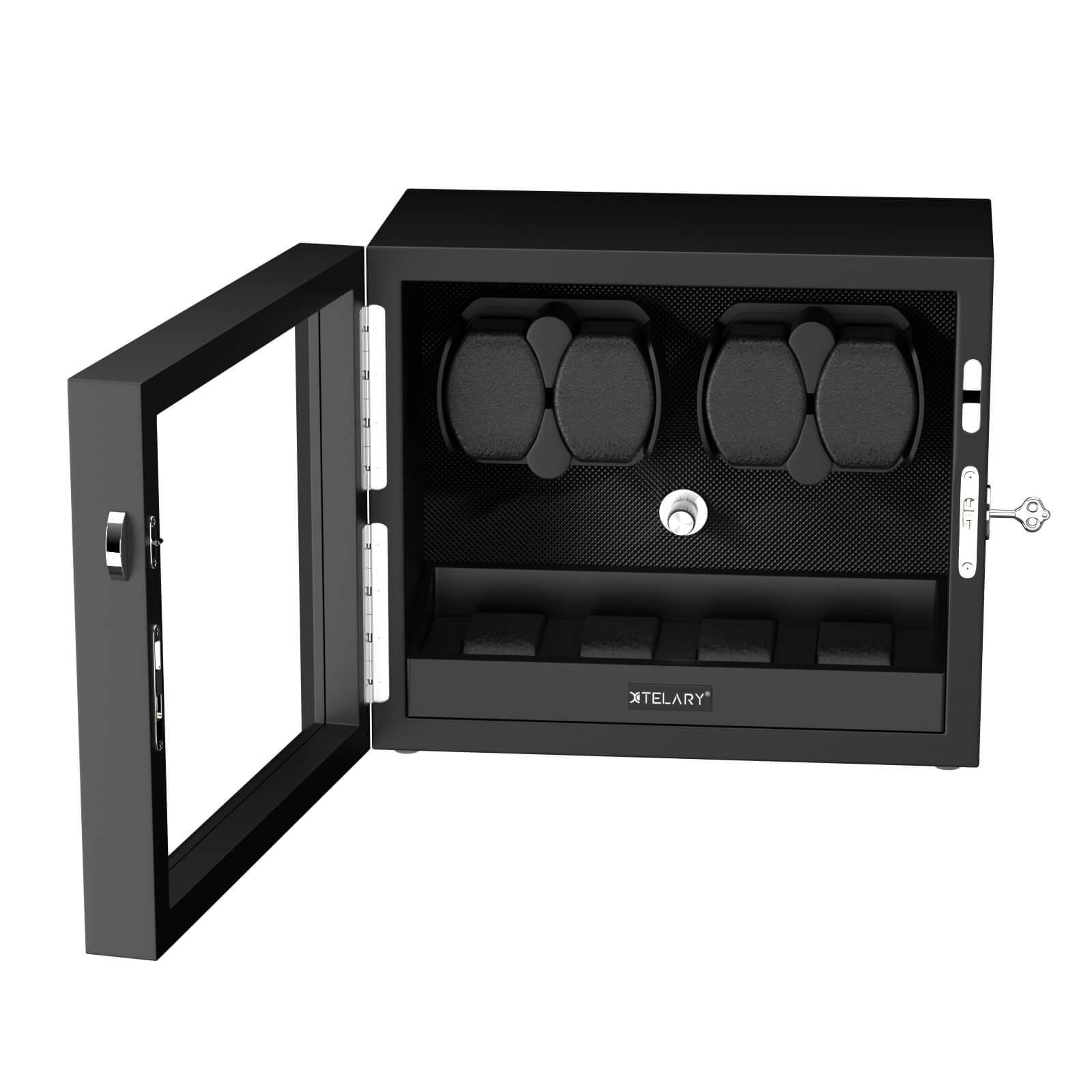 4 Remontoir pour montres automatiques avec 4 rangements supplémentaires et lumière LED bleu aurore - Noir