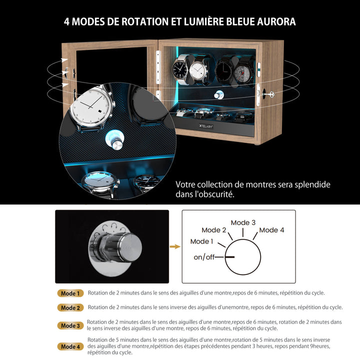 Remontoirs de montres de grande capacité avec espace de rangement supplémentaire, lumière LED bleue Aurora
