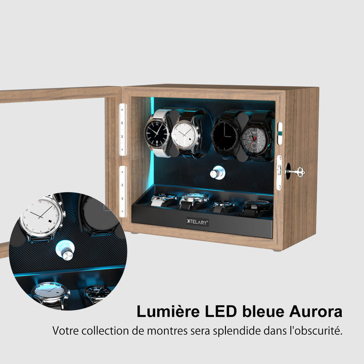 Remontoirs de montres de grande capacité avec espace de rangement supplémentaire, lumière LED bleue Aurora