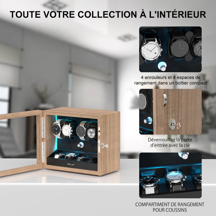 Remontoirs de montres de grande capacité avec espace de rangement supplémentaire, lumière LED bleue Aurora