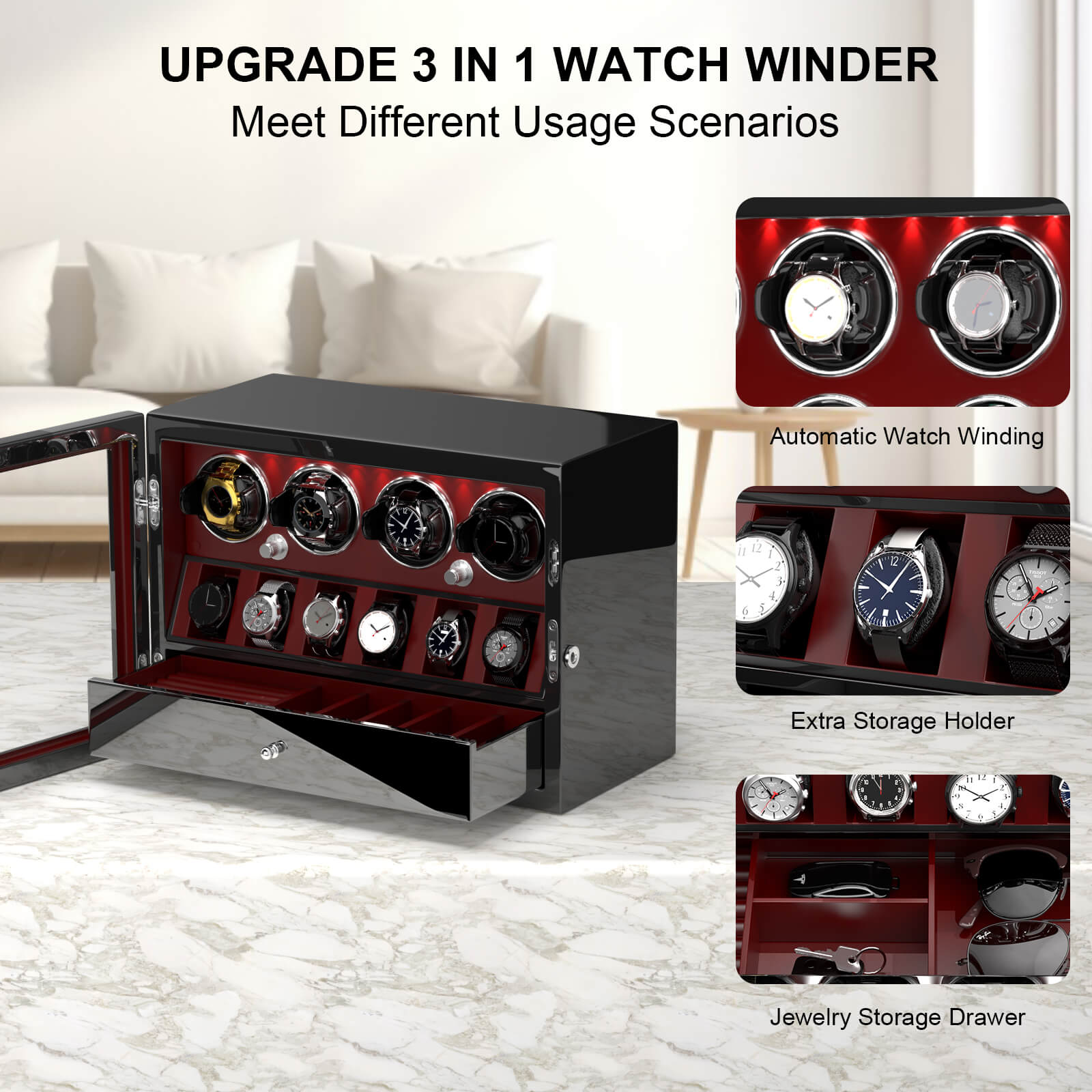 Compact 4 Watch Winders Automatic Rotation with 6 Watches Storage Space - Red