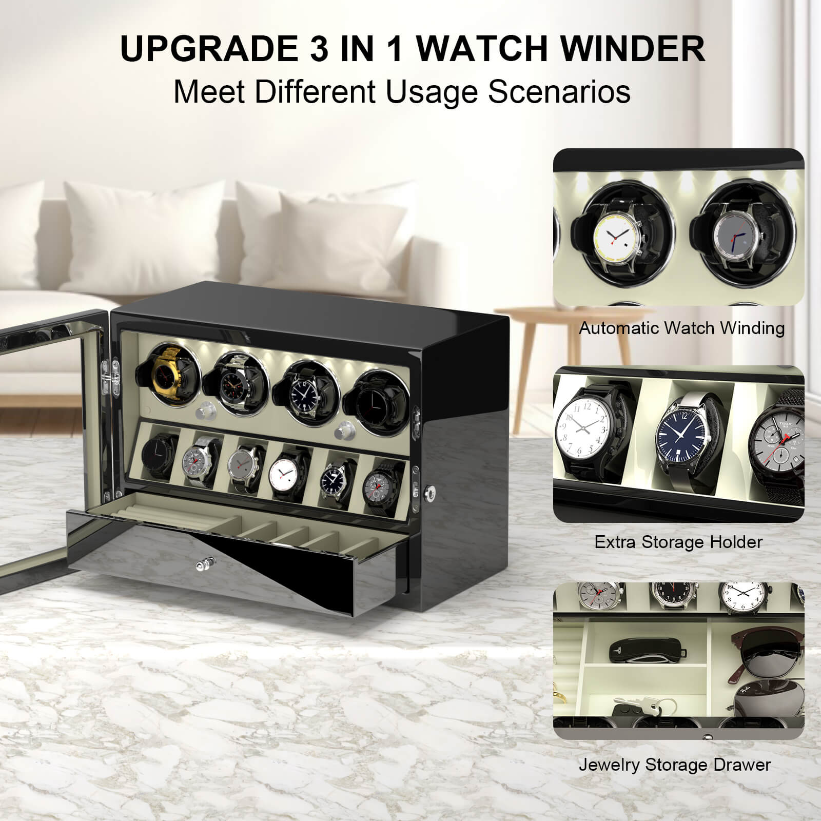 Kompakter Uhrenbeweger für 4 Uhren mit Aufbewahrung für 6 Uhren, integrierte Beleuchtung – Weiß