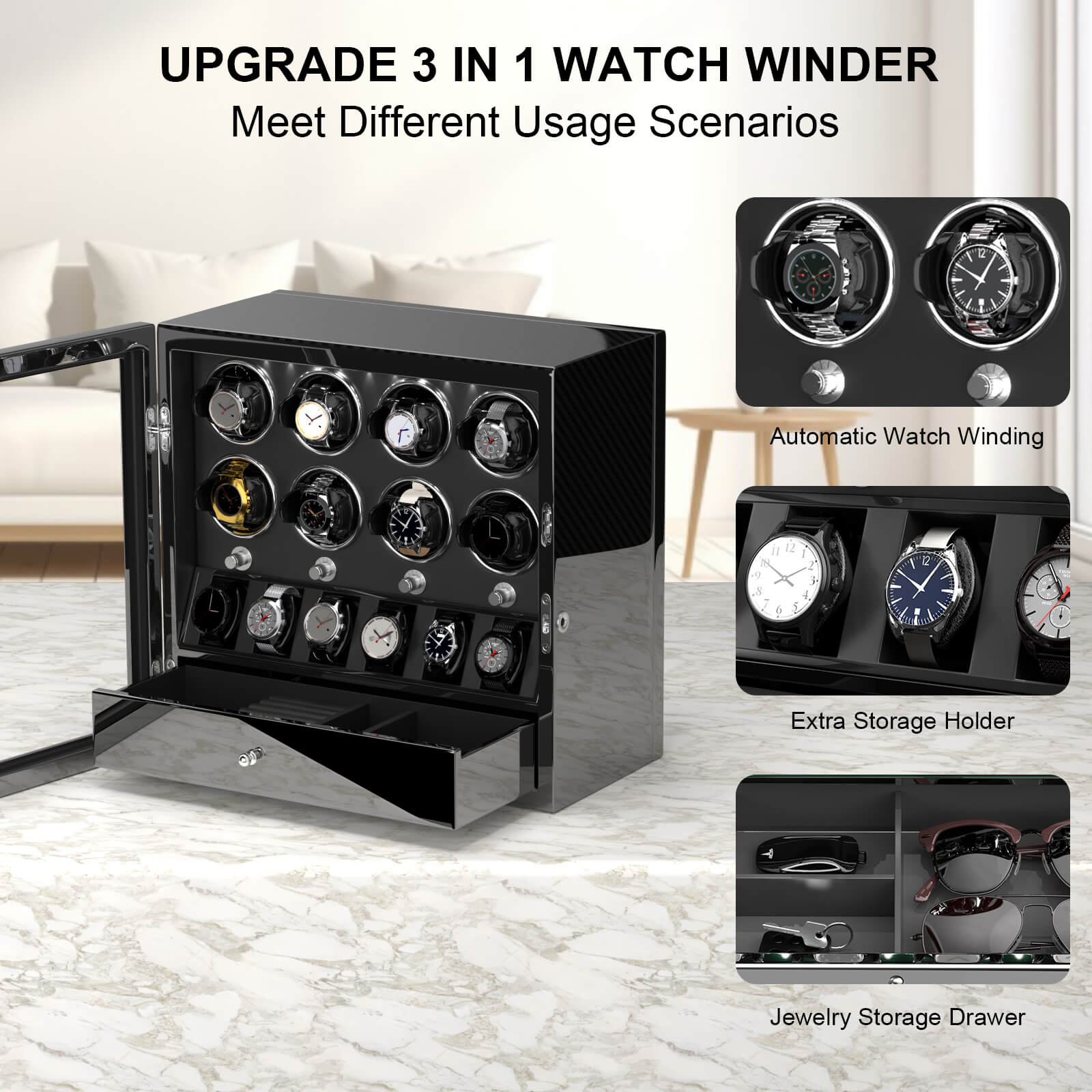 Compact 8 Watch Winders with 6 Watches Large Storage Organizer Case - Carbon Fiber