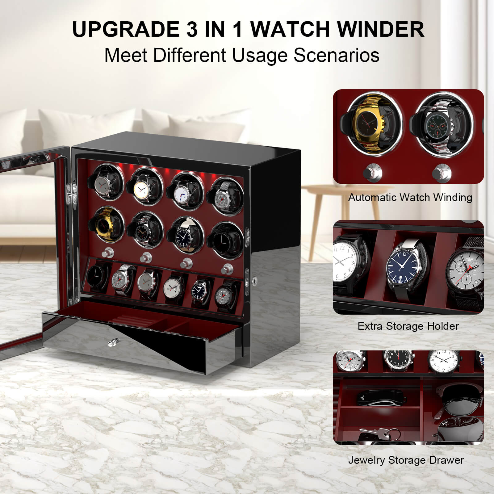 Remontoirs de montres compacts pour 8 montres avec boîtier de rangement pour 6 montres à rotation automatique - Rouge