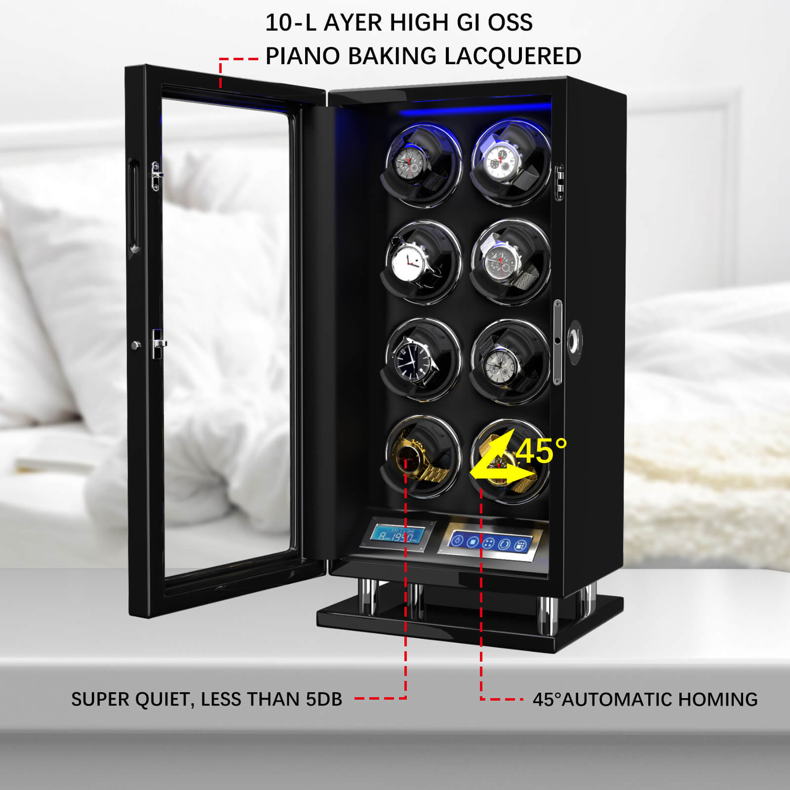 Watch Winder for 8 Automatic Watches with Fingerprint Unlock Ultra-Quiet Motors