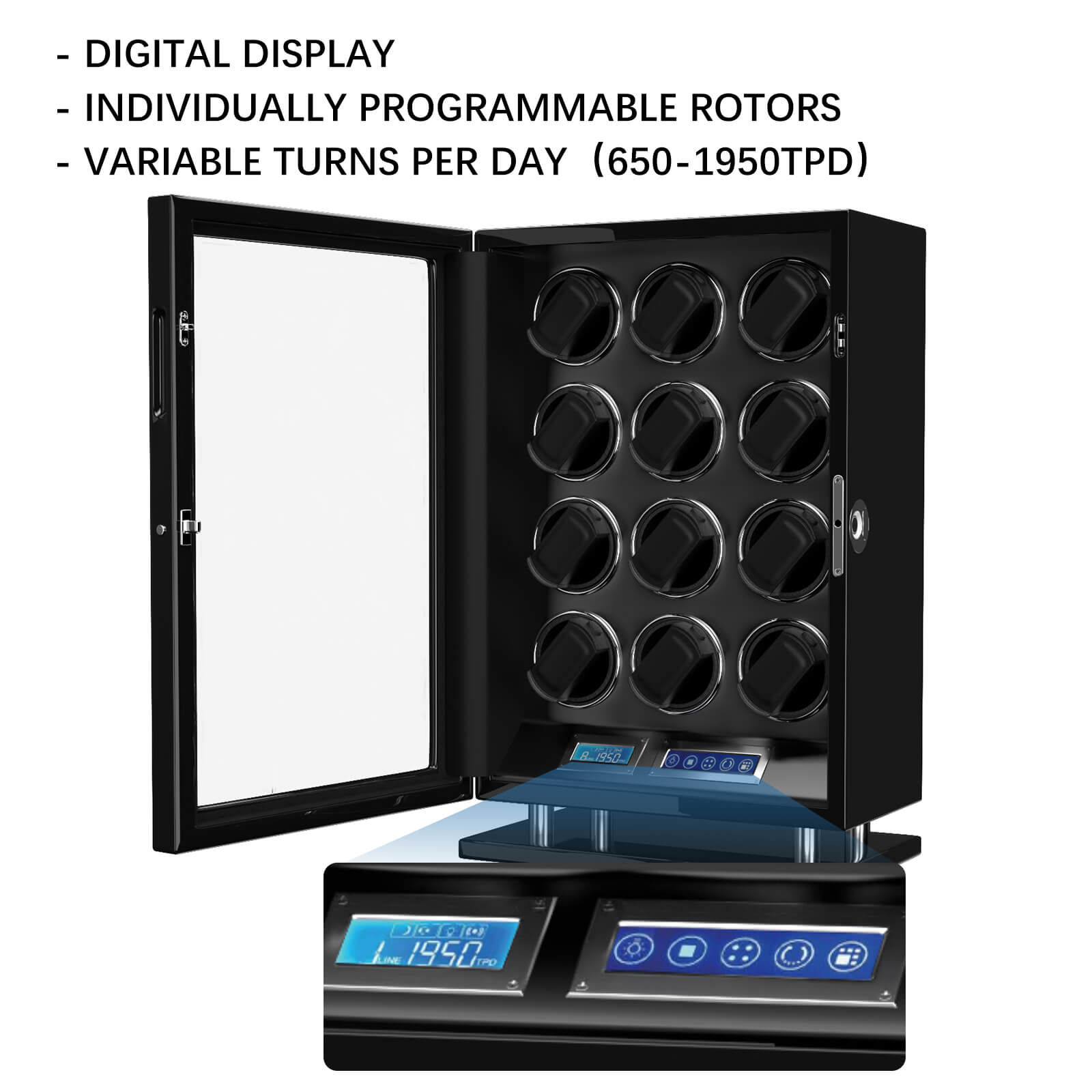 Fingerprint Unlock Watch Winder for 12 Automatic Watches with LCD Touchscreen Control