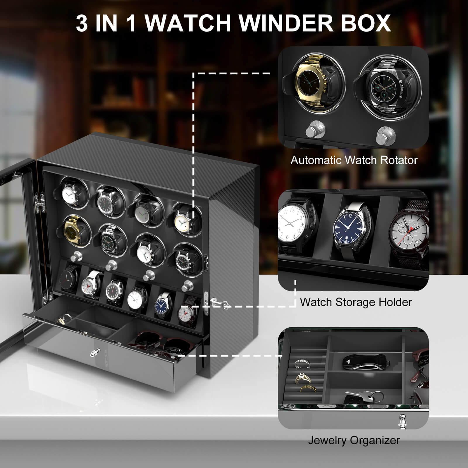 Compact 8 Watch Winders with 6 Watches Large Storage Organizer Case - Carbon Fiber