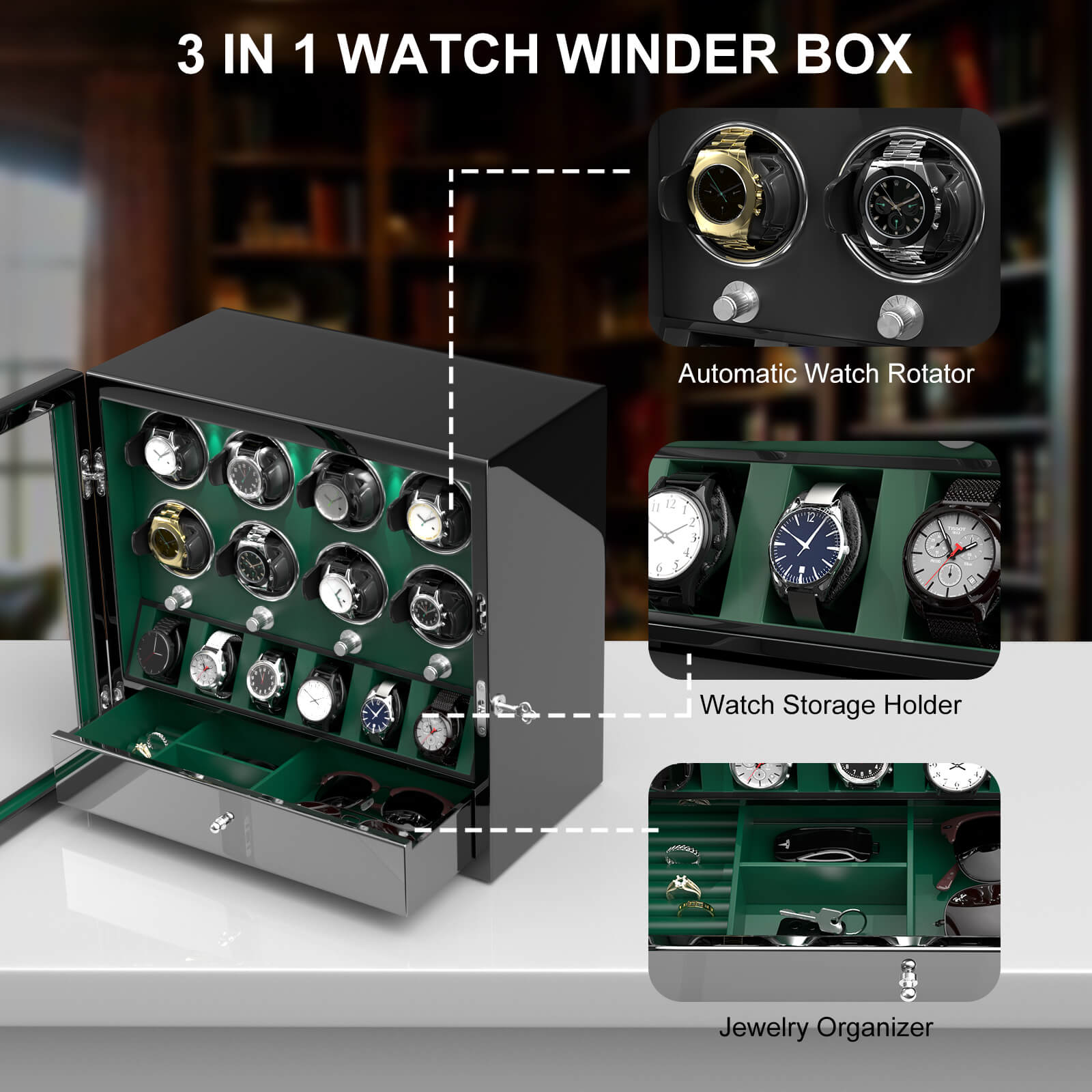 Compact 8 Watch Winders with 6 Watches Organizer Storage Large Space Case - Green