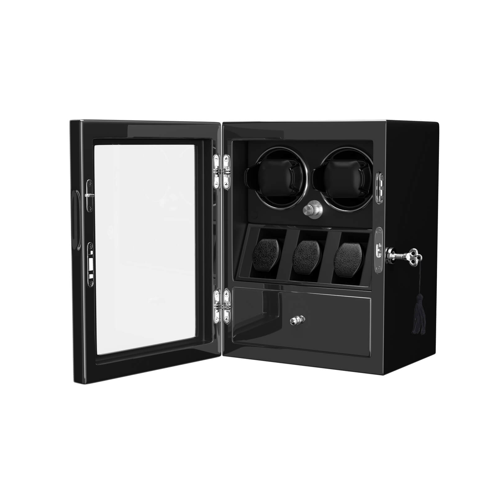 Compact 2 Watch Winders with 3 Watches Organizer Storage- Black