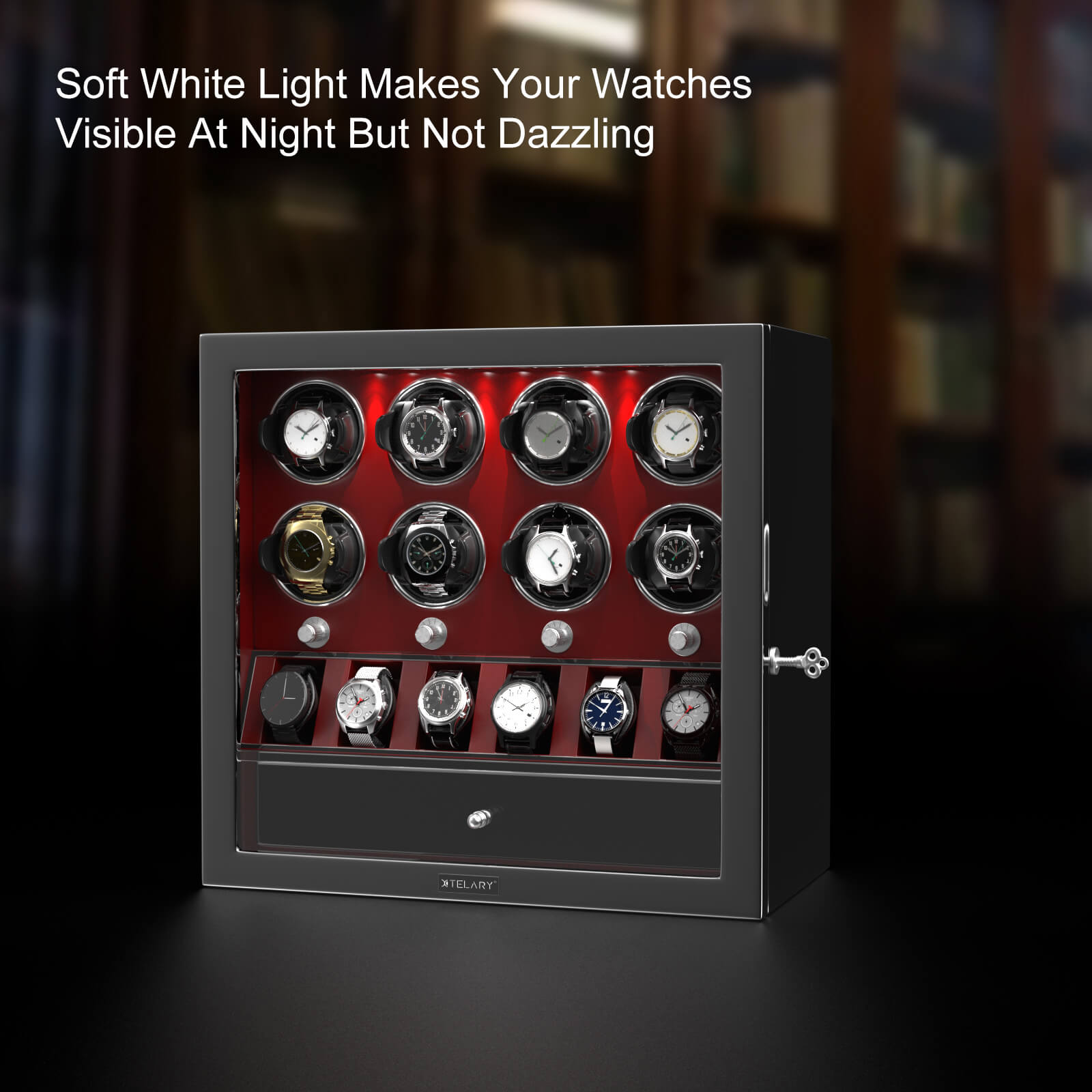 Kompakter Uhrenbeweger für 8 Uhren mit Aufbewahrungsbox für 6 Uhren, automatische Rotation – Rot