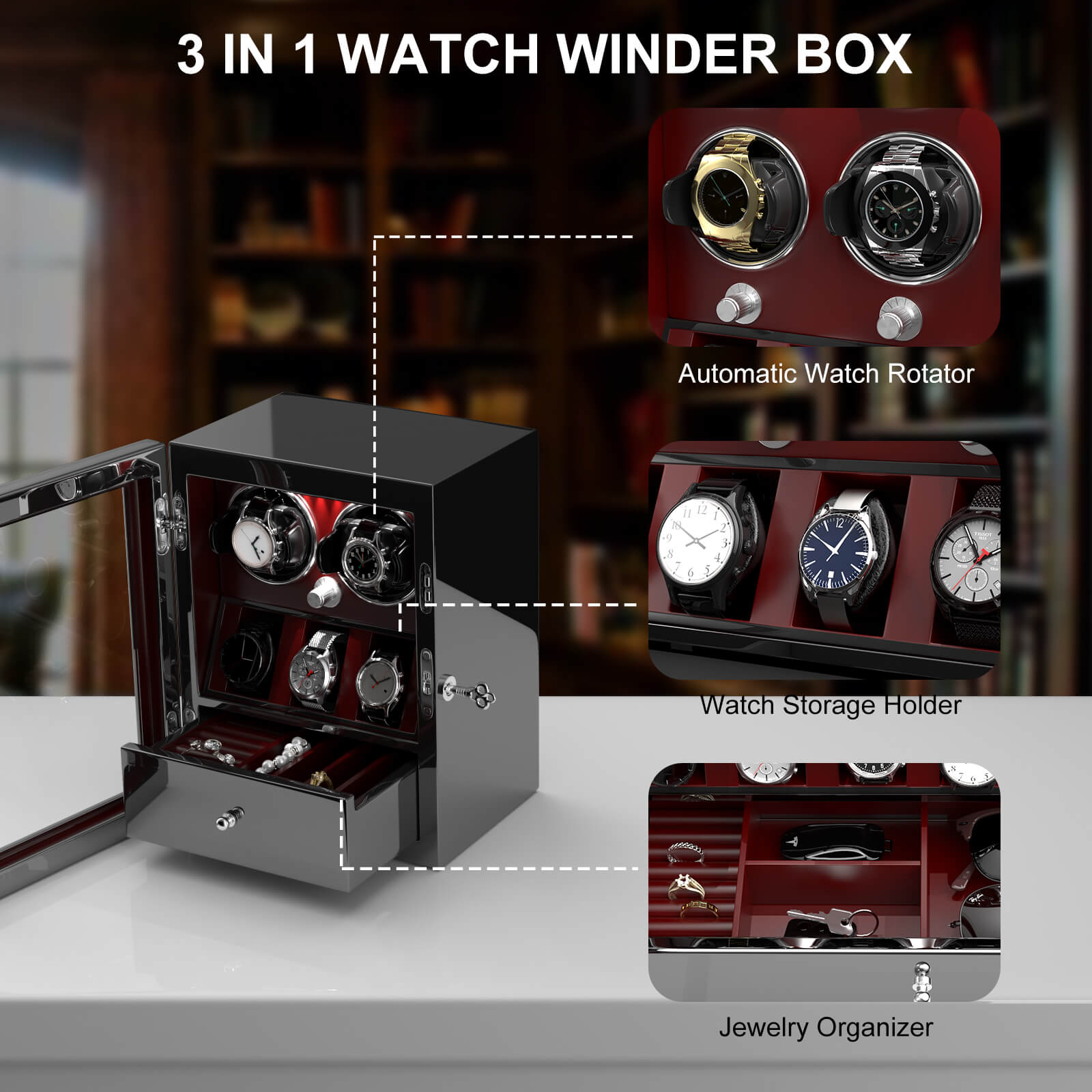 Compact 2 Watch Winders with 3 Extra Storage Case - Red